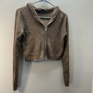 Brandy Melville John Galt Zip Up Crop Hoodie Brown Ribbed Crop One Size Jacket
